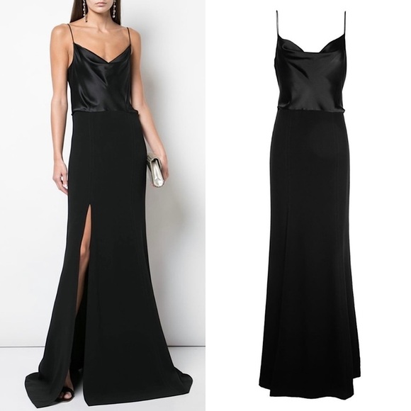 CINQ A SEPT Silk Satin Bodice Crepe Skirt Sleeveless Draped Neck Leg Slit Gown 6 - Picture 7 of 8